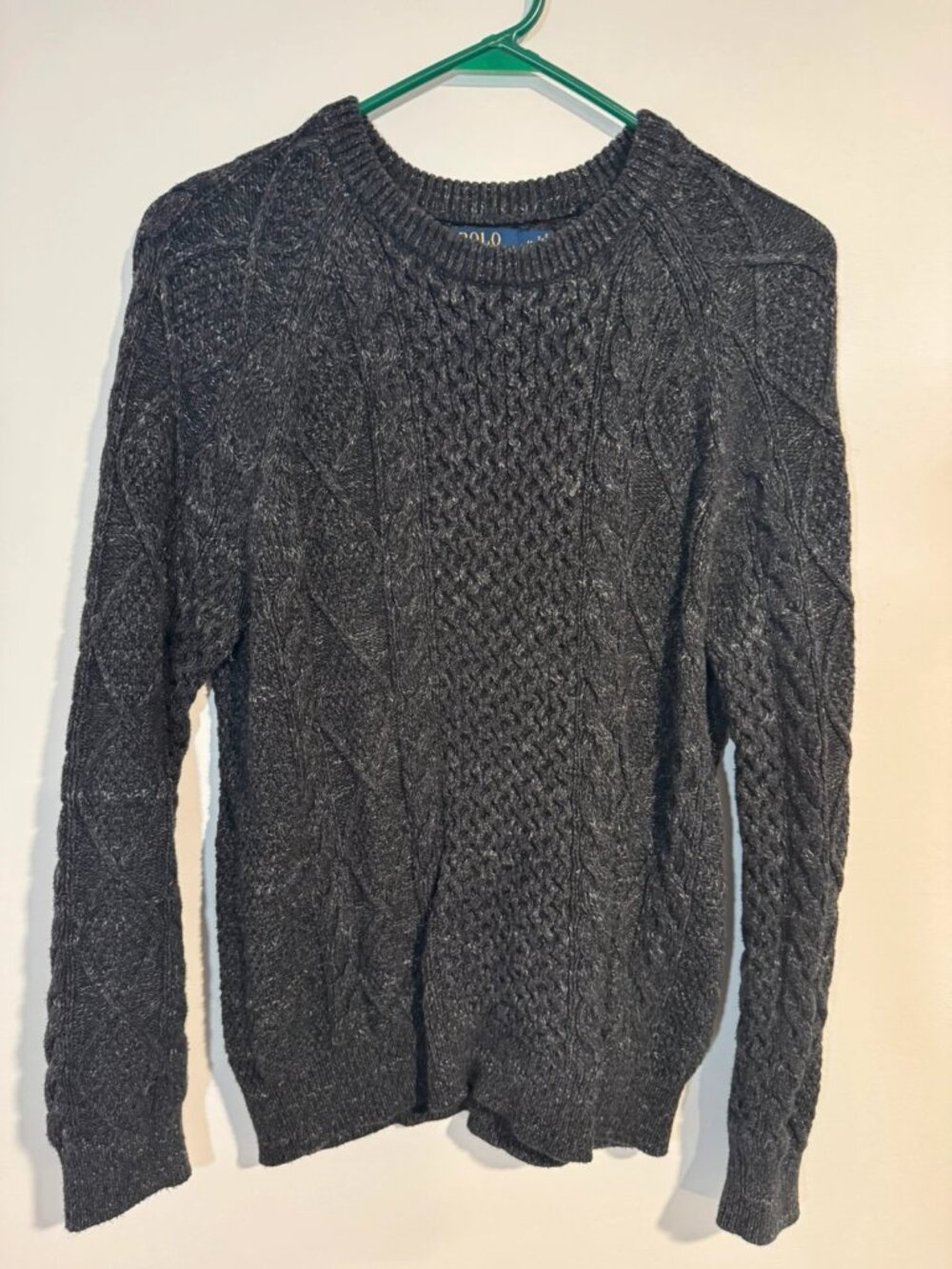 Polo Ralph Lauren Men’s Black Chunky Cable Knit Sweater Medium Fisherman Sweater